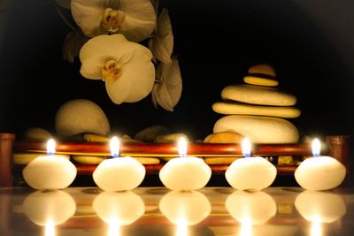 Close-up of illuminated candles in temple