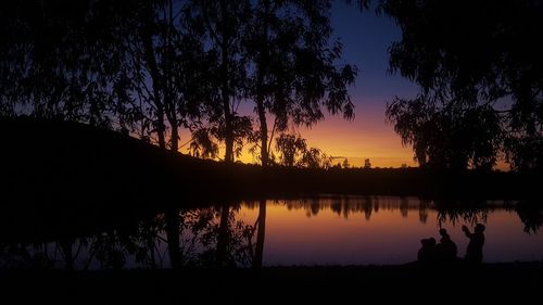 Silhouette trees by lake against sky at night