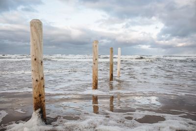 Wooden posts on beach against sky