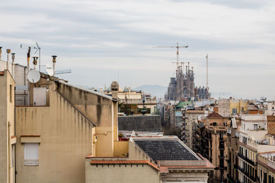 High angle view of buildings against sky