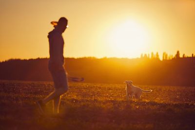 Man with dog standing on field during sunset