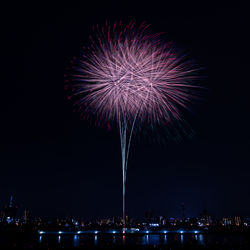 Firework display over river against sky at night