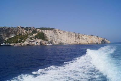 Scenic view of sea against clear blue sky