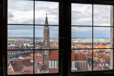 Buildings seen through window