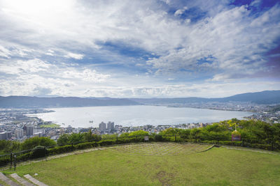 Scenic view of landscape and buildings against sky