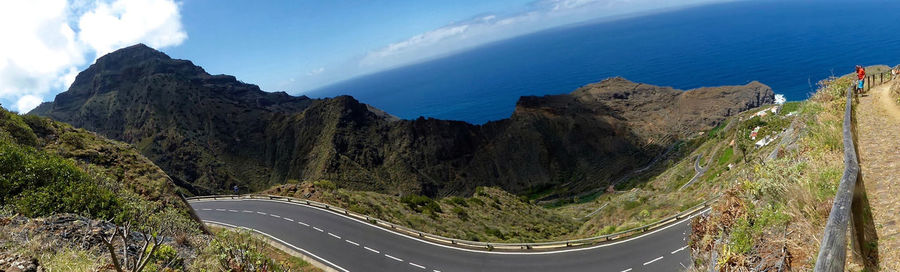 High angle view of road by sea against mountains