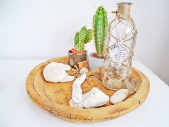 Close-up of bottle and cactus on table