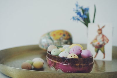 Close-up of multi colored eggs