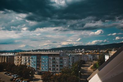 High angle view of buildings against sky