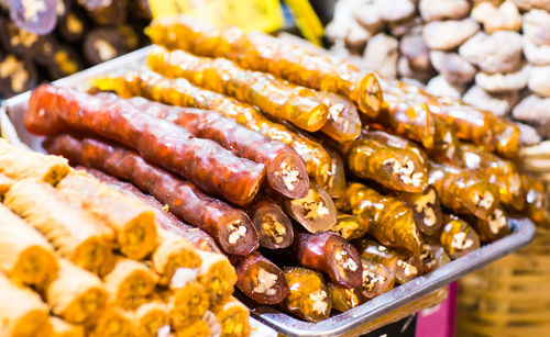 High angle view of meat for sale in market