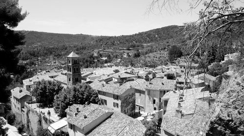 High angle view of cemetery against sky