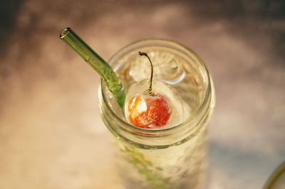 High angle view of drink in mason jar