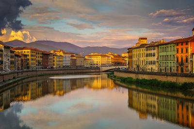 Bridge over river by city against sky during sunset