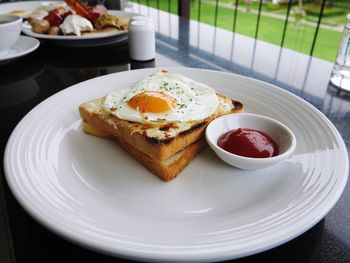 Close-up of breakfast served on table