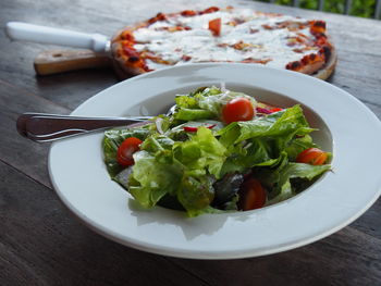 High angle view of salad in plate on table