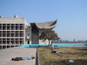 Rear view of woman on shore against clear sky