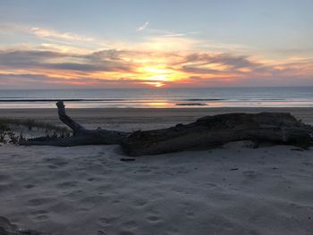 Scenic view of beach against sky during sunset