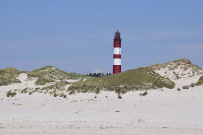 Lighthouse on beach against sky