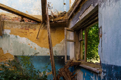 Broken window room filled with debris and tall grass, inside of an abandoned dormitory at summer day