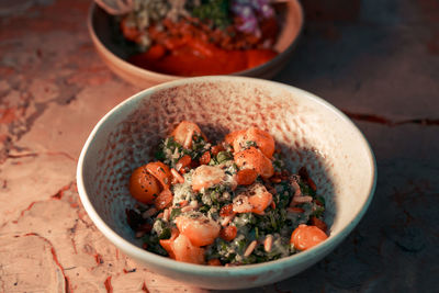 High angle view of food in bowl on table