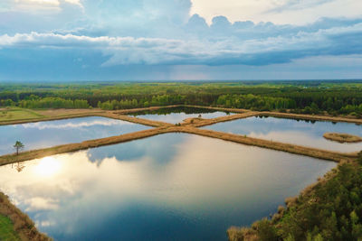 Aerial view of ponds for collect stormwater. rainwater retention basins, bird eye view