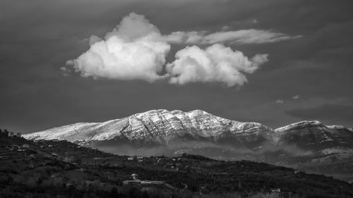 Black and white panorama of summer mountain with snow. mountains in the province of salerno