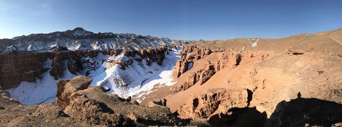 Panoramic view of snowcapped mountains against clear sky