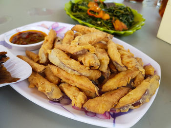 High angle view of pasta in plate on table