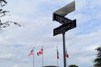 Low angle view of sign board against sky