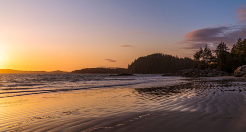 Scenic view of beach against sky during sunset