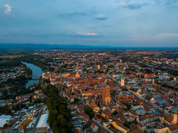 High angle shot of townscape against sky