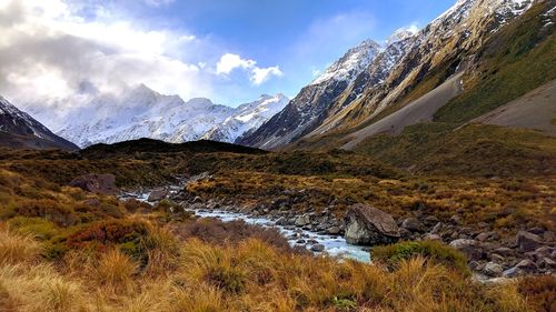 Scenic view of snowcapped mountains against sky