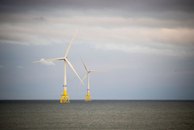 Wind turbines in sea against sky