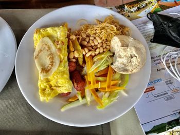 High angle view of breakfast served on table