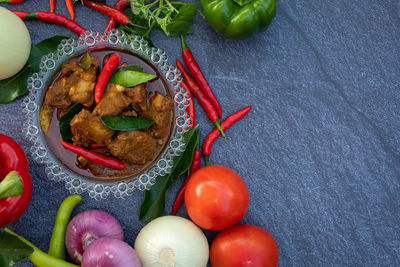 High angle view of fruits and vegetables on table