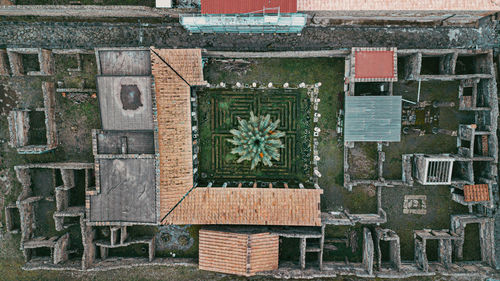 Aerial view of the house of the labyrinth in the archaeological park of pompeii