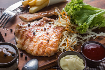 High angle view of meal served on table