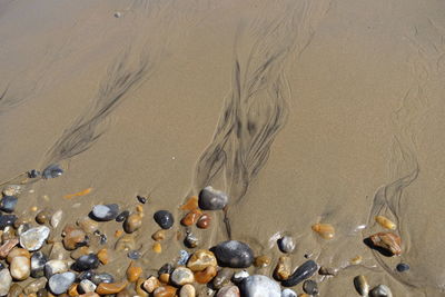 High angle view of pebbles on beach