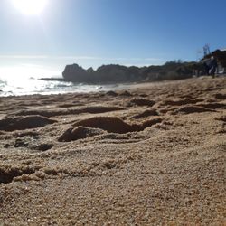 Scenic view of beach against clear sky on sunny day