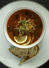 High angle view of soup in bowl on table