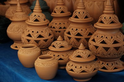 Close-up of pottery for sale