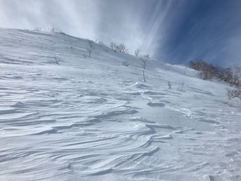 Snow covered field against sky