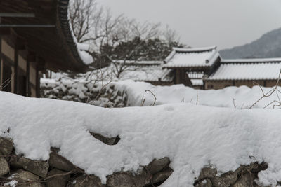 Snow covered houses on field during winter