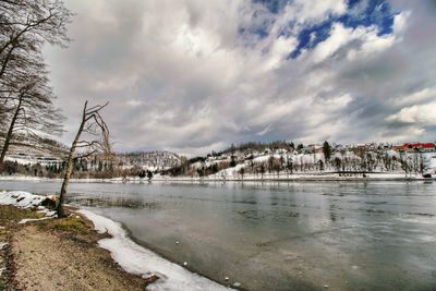 Scenic view of frozen lake against sky during winter