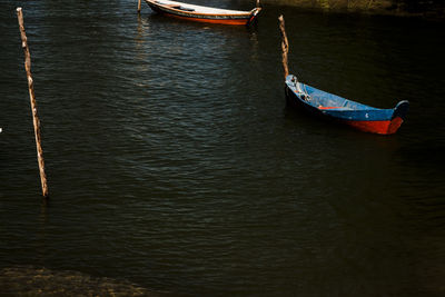 High angle view of boat moored on sea