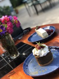 Close-up of cake served on table