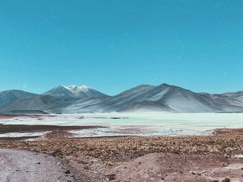 Scenic view of snowcapped mountains against clear blue sky