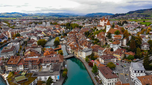 High angle view of townscape against sky