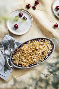 High angle view of breakfast served on table