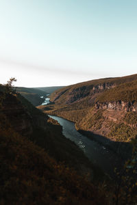 Scenic view of river by mountains against clear sky